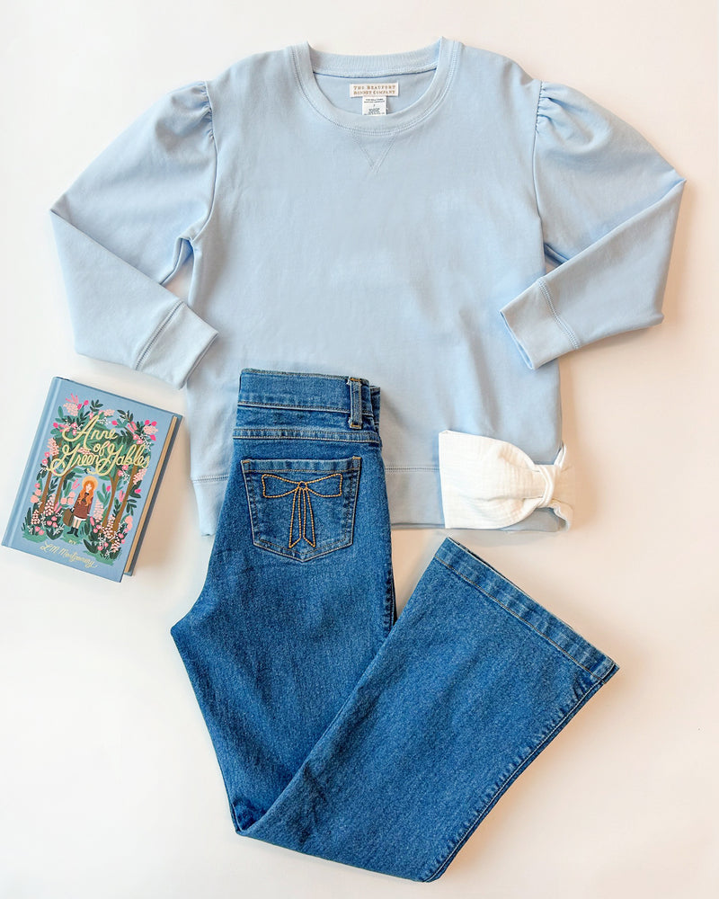 Puff Sleeve Cassidy Comfy Crewneck - Beale Street Blue with Worth Avenue White