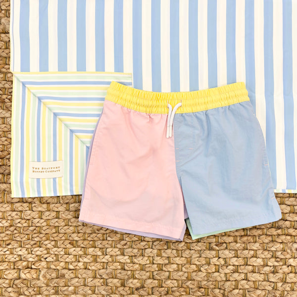 Country Club Colorblock Trunks - Pastel Perfection with Worth Avenue White Stork