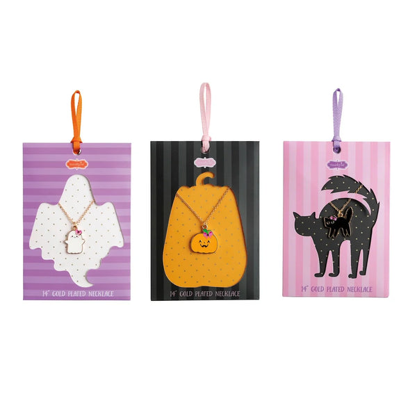 Three Halloween Charm Necklace - More Options gold-tone necklaces displayed on Halloween-themed cards featuring a ghost, a pumpkin, and a feline.