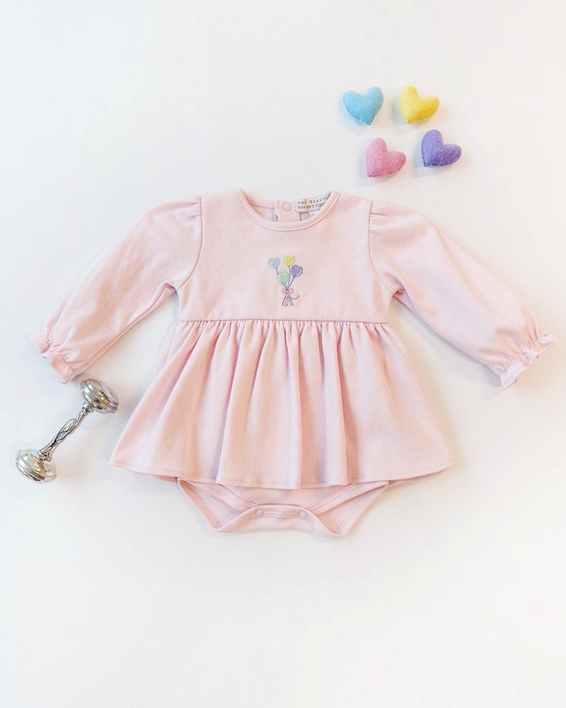 Long Sleeve Daisy's Diaper Cover Dress - Palm Beach Pink with Balloon Embroidery