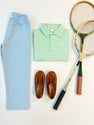 Prim & Proper Polo & Onesie - Sumner County Stripe (Grace Bay Green) with Multicolor Stork
