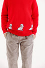 Dapper Sheffield Pants (Corduroy) - Grantley Gray in gray paired with a red knit sweater featuring a pattern of three appliquéd dogs along the hem.