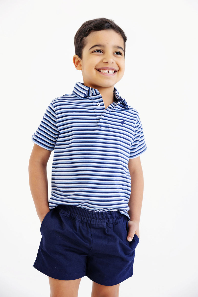 Prim & Proper Polo & Onesie - Sumner County Stripe (Barbados Blue) with Nantucket Navy Stork