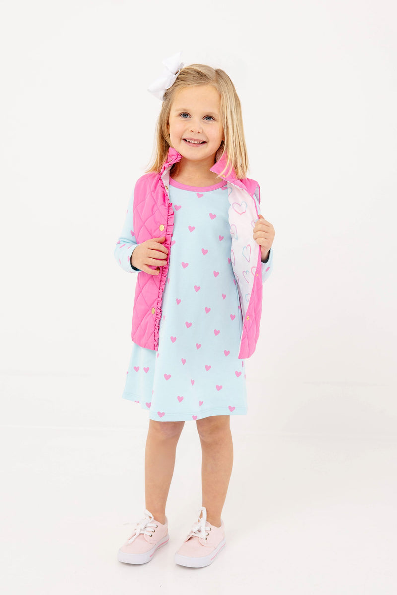 Long Sleeve Polly Play Dress - Heart Eyes (Belhaven Blue) with Winter Park Pink