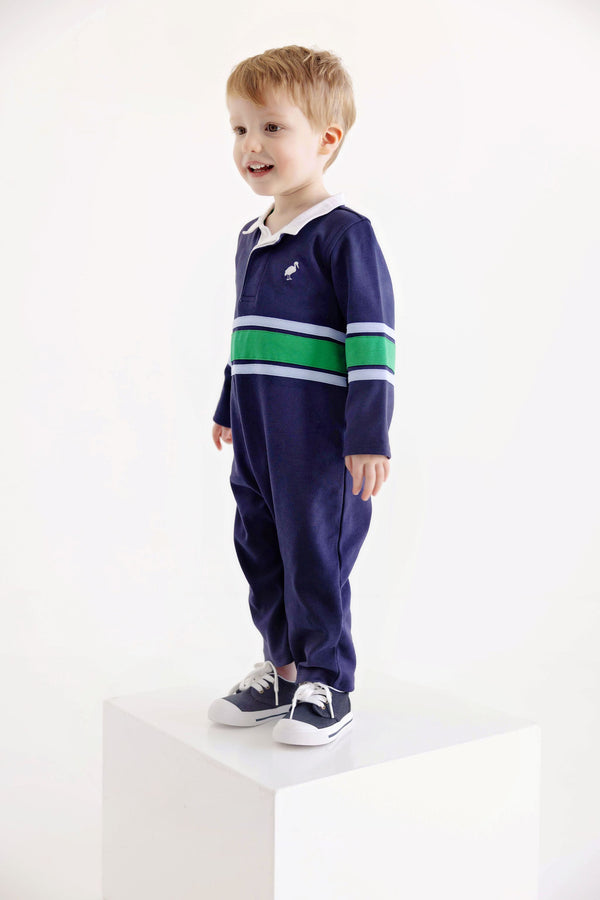 Sir Proper's Rugby Romper - Nantucket Navy with Beale Street Blue & Kiawah Kelly Green Stripe