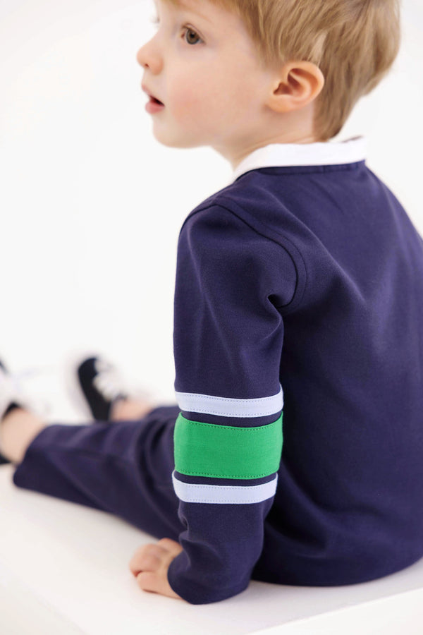 Sir Proper's Rugby Romper - Nantucket Navy with Beale Street Blue & Kiawah Kelly Green Stripe