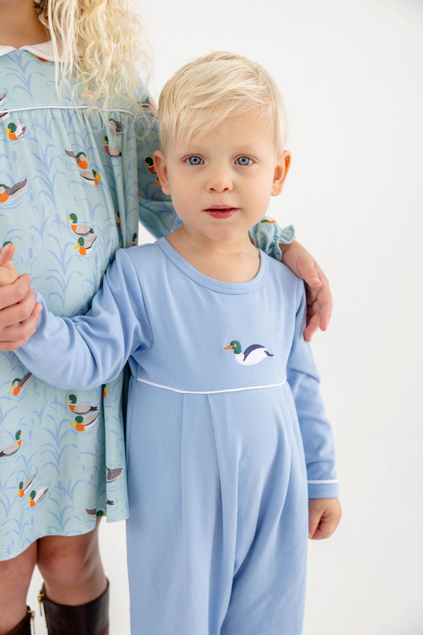 Long Sleeve Bradford Romper - Sarasota Sky & Worth Avenue White with Duck Embroidery