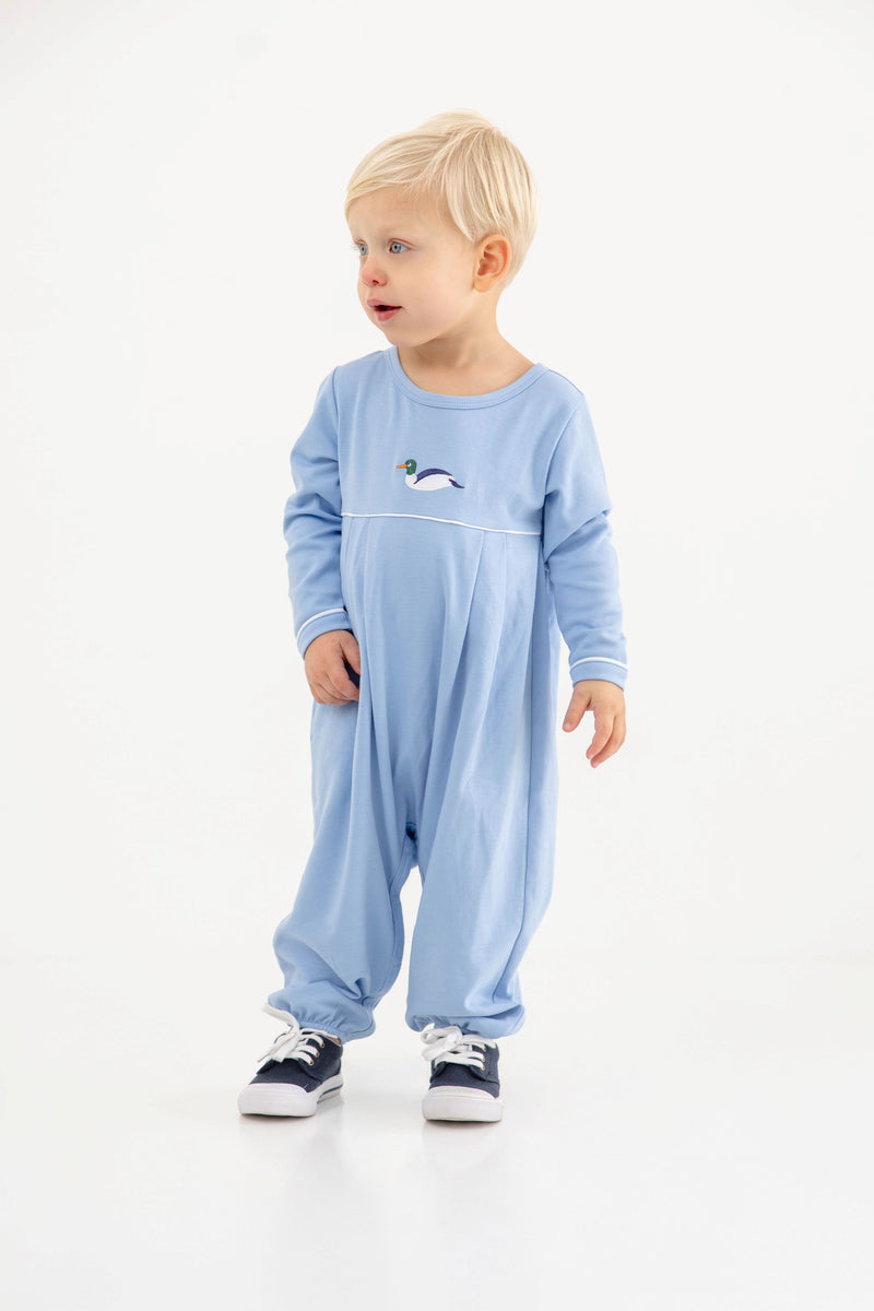 Long Sleeve Bradford Romper - Sarasota Sky & Worth Avenue White with Duck Embroidery