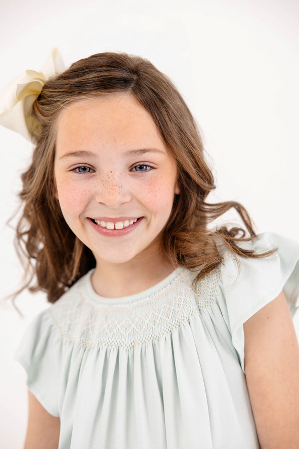 Angel Sleeve Sandy Smocked Dress - Old Greenwich Green with Palmetto Pearl