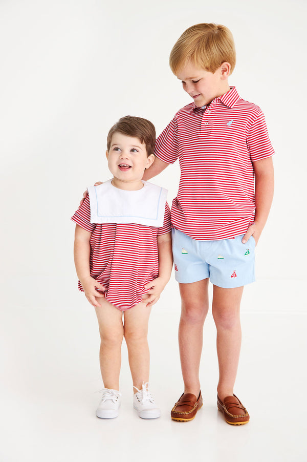 Prim & Proper Polo & Onesie - Sumner County Stripe (Richmond Red) with Beale Street Blue Stork