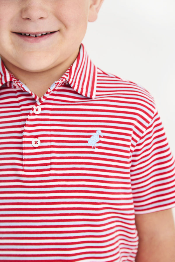 Prim & Proper Polo & Onesie - Sumner County Stripe (Richmond Red) with Beale Street Blue Stork