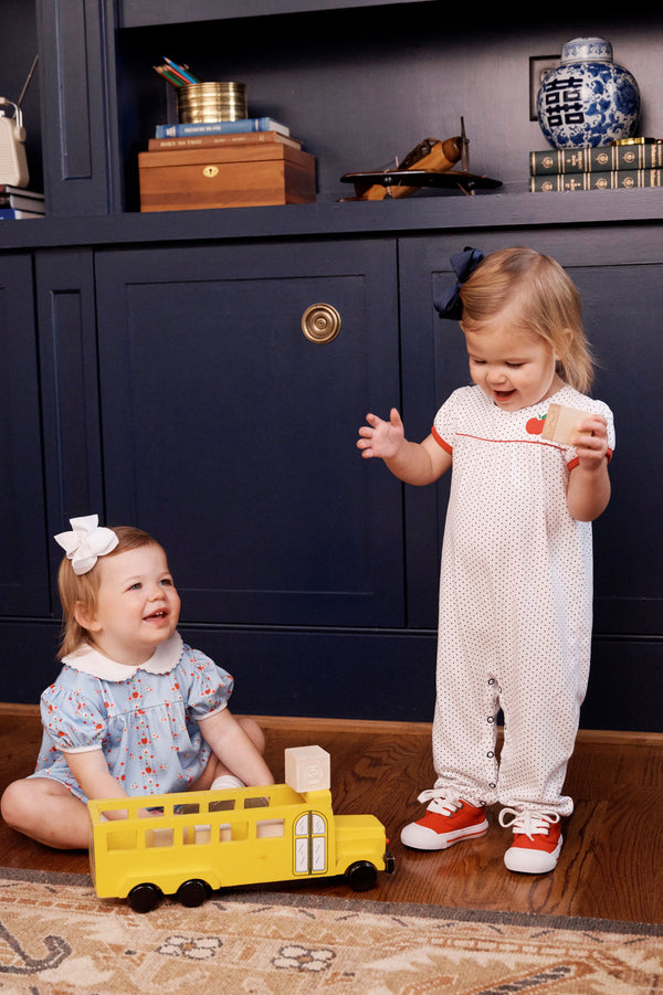 Penny's Playsuit - Nantucket Navy Microdot with Richmond Red and Apple Applique