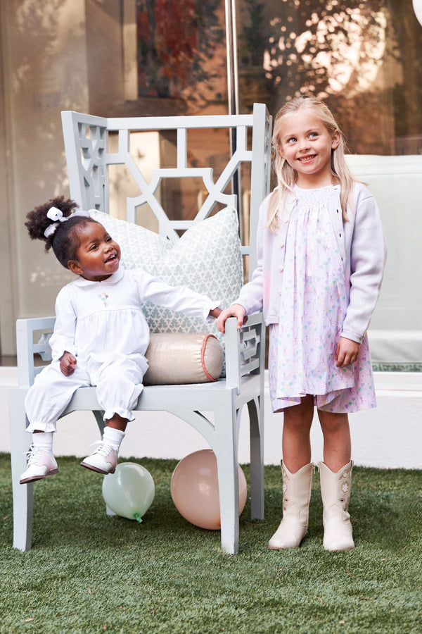 Long Sleeve Britt Romper - Worth Avenue White with Palm Beach Pink & Balloon Embroidery