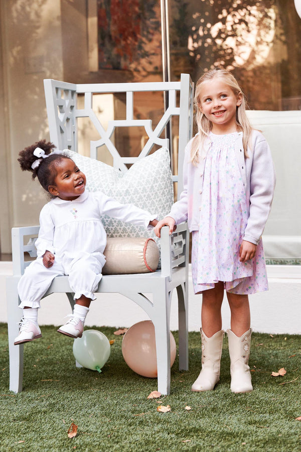 Long Sleeve Britt Romper - Worth Avenue White with Palm Beach Pink & Balloon Embroidery