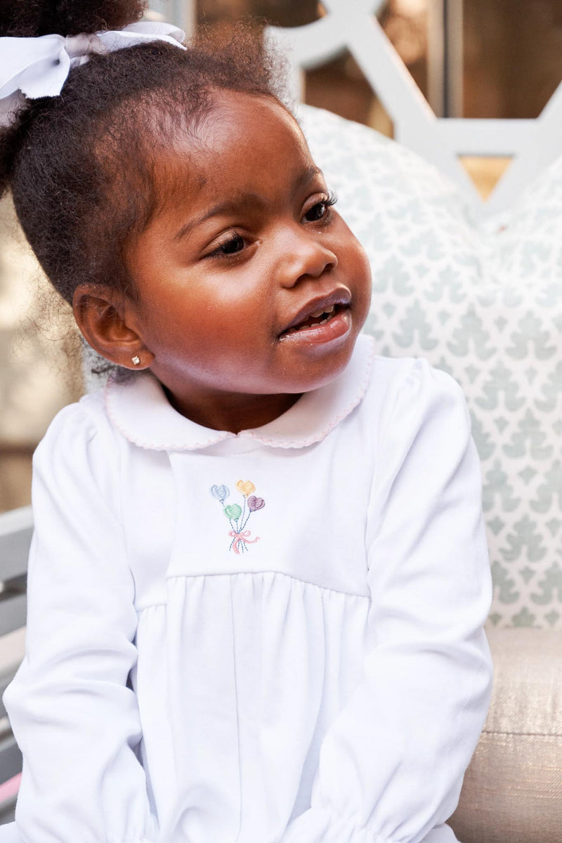 Long Sleeve Britt Romper - Worth Avenue White with Palm Beach Pink & Balloon Embroidery