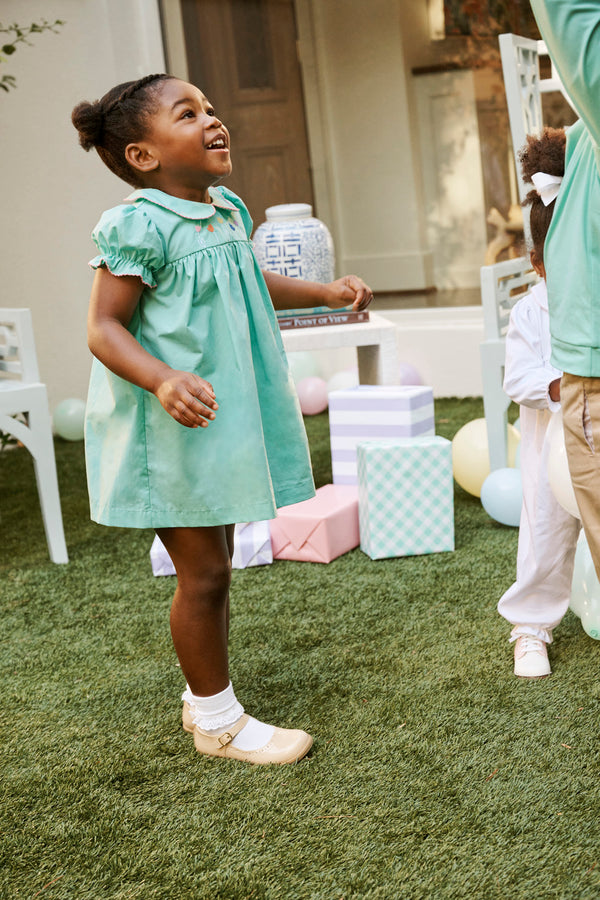 Holly Day Dress - Turks Teal with Flower Embroidery