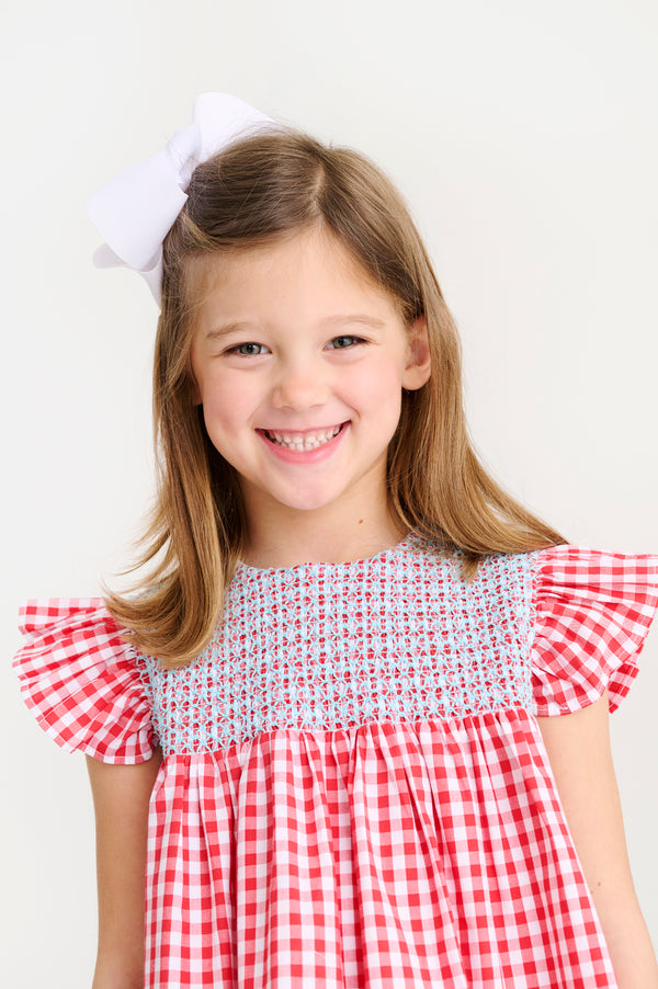 Angel Sleeve Daphne Bell Dress - Richmond Red Gingham with Belhaven Blue