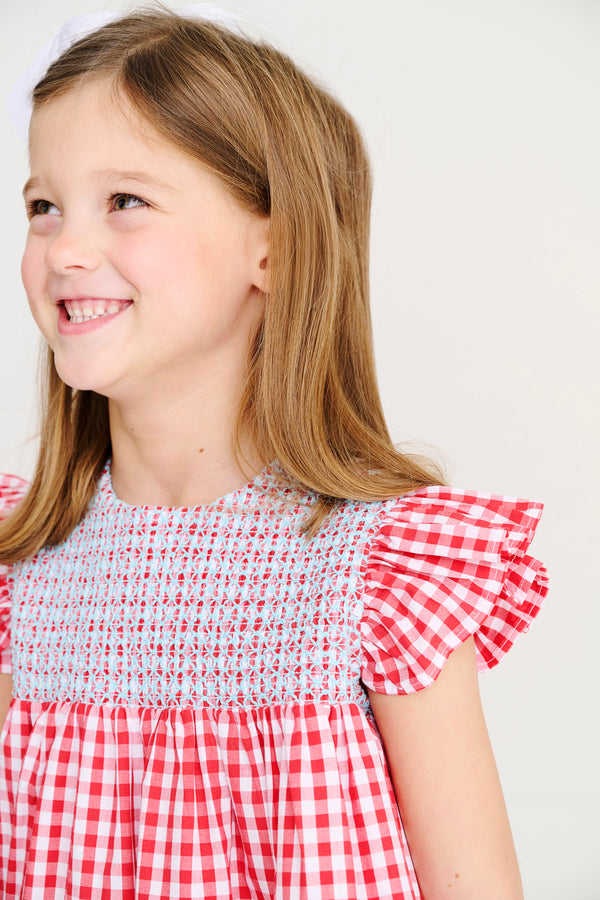 Angel Sleeve Daphne Bell Dress - Richmond Red Gingham with Belhaven Blue