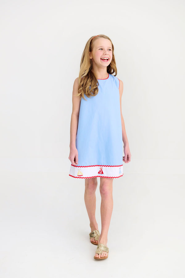 Annie Apron Dress - Beale Street Blue with Worth Avenue White and Sailboats