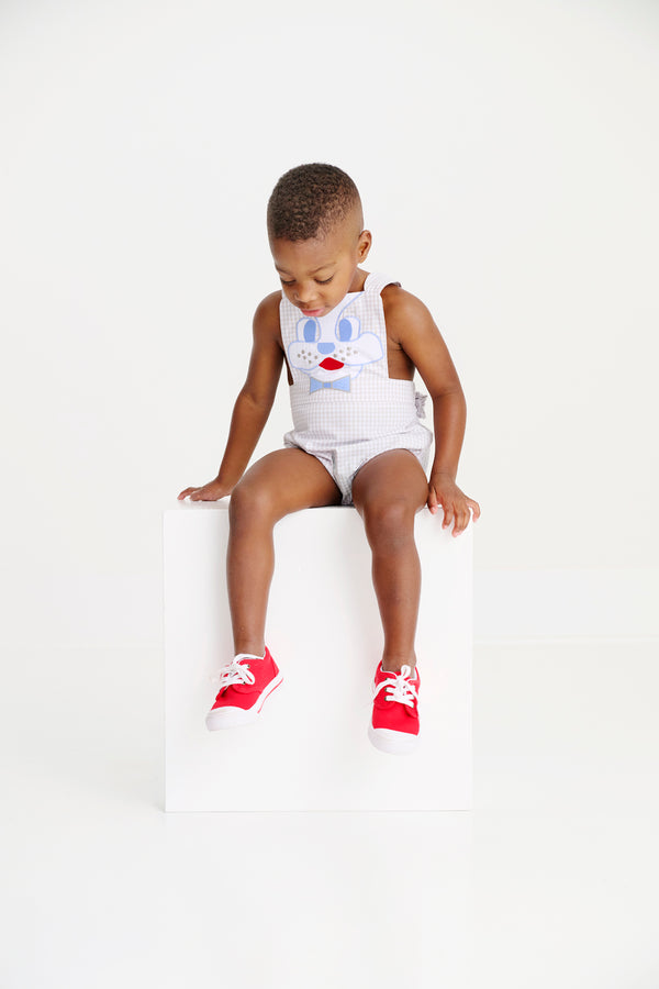 Sayre Sunsuit - Grantley Gray Mini Gingham with Dog Applique