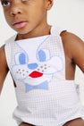 Sayre Sunsuit - Grantley Gray Mini Gingham with Dog Applique