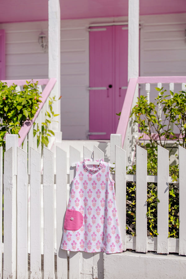 Lizzie's Luxe Leisure Dress - Bridgetown Harbour Hand Block with Winter Park Pink