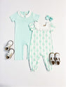 Short Sleeve Samuel Smocked Romper - Sea Island Seafoam with Worth Avenue White