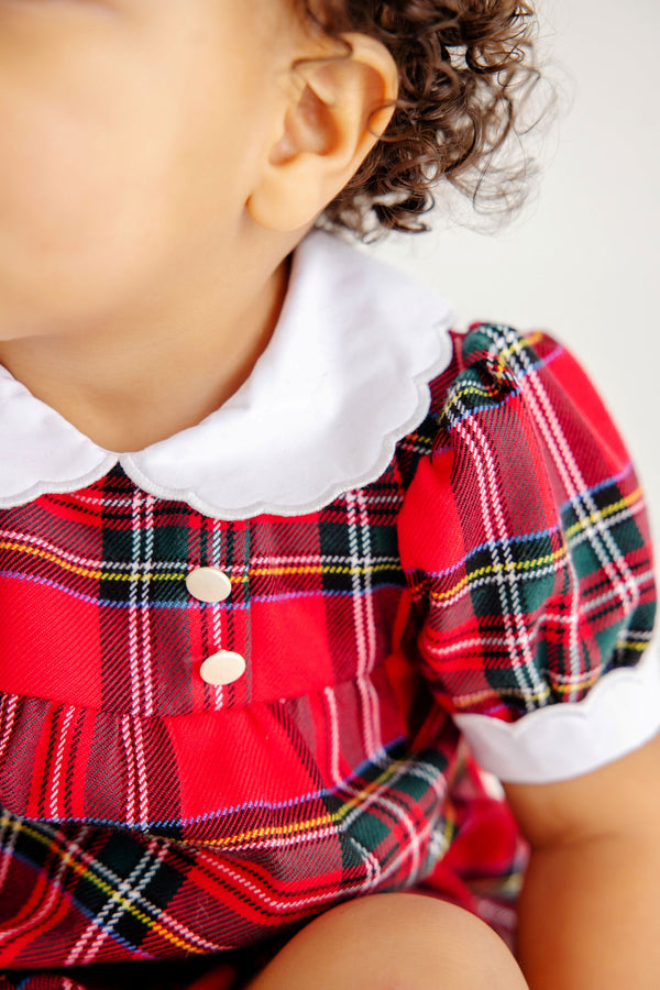 Toddler wearing a Mary Baker Bubble - Society Prep Plaid with Worth Avenue White romper featuring a white scalloped collar and cuffs, and two small white buttons on the bodice.