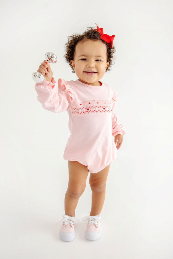 Long Sleeve Smocked Biltmore Bubble - Sandpearl Pink with Rosebud Smocking