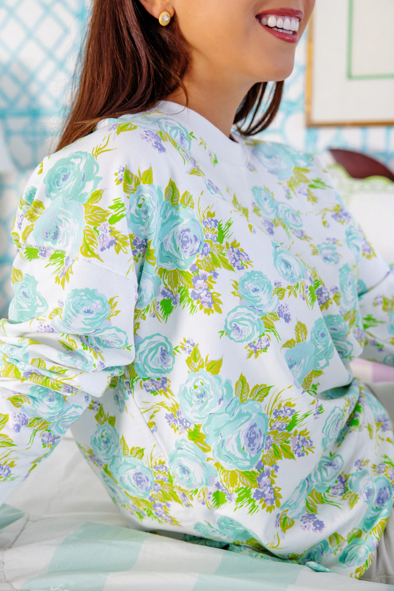 Women's Cassidy Comfy Crewneck - Princess Grace Rose (Blue) with Worth Avenue White