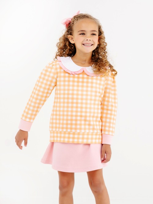 Maude's Ruffle Cassidy Comfy Crewneck - Seashore Sherbet Gingham with Sandpearl Pink