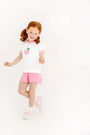 Short Puff Sleeve Cassidy Comfy Crewneck - Worth Avenue White & Hamptons Hot Pink with Apple Applique