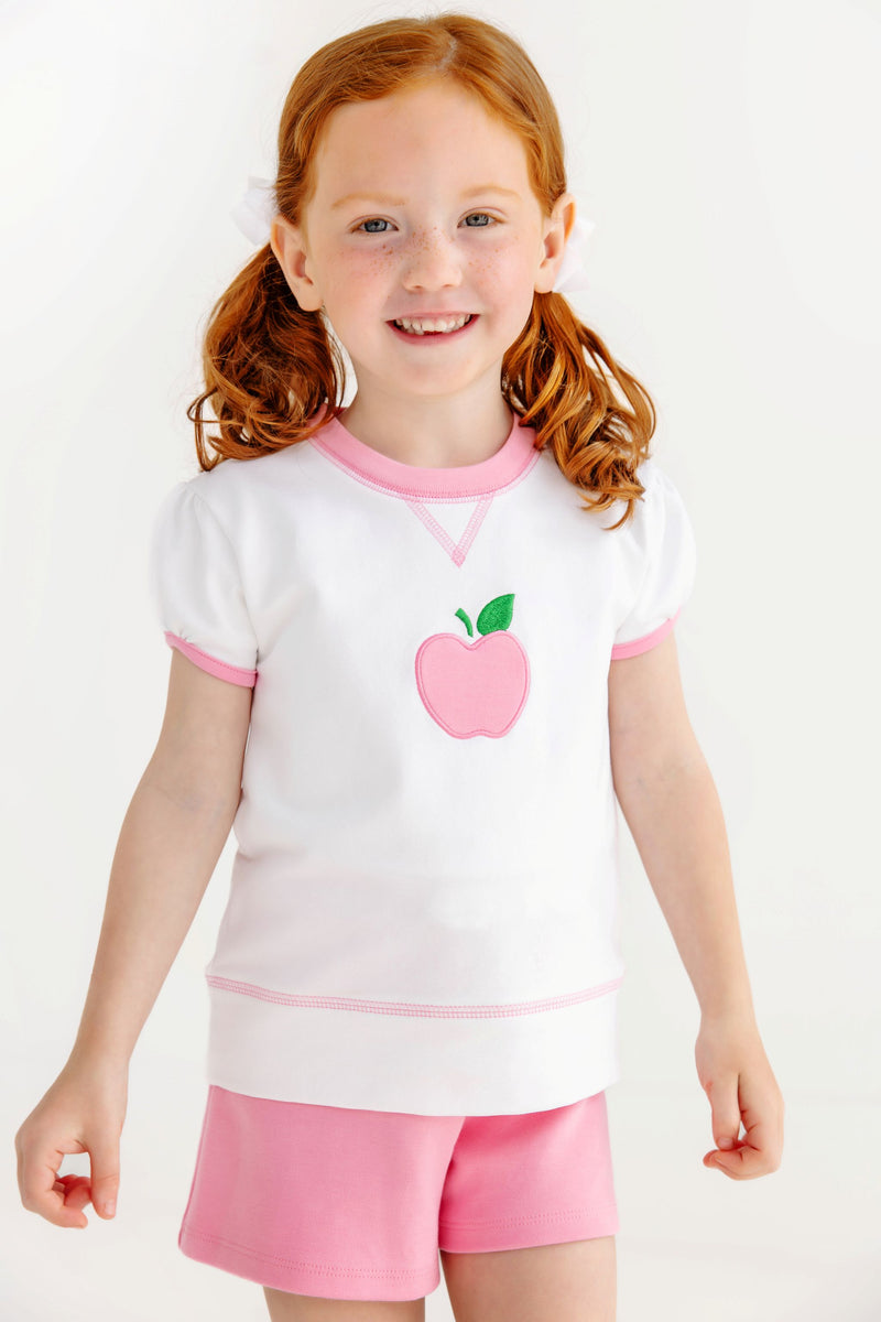 Short Puff Sleeve Cassidy Comfy Crewneck - Worth Avenue White & Hamptons Hot Pink with Apple Applique