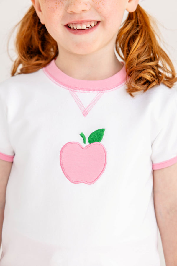 Short Puff Sleeve Cassidy Comfy Crewneck - Worth Avenue White & Hamptons Hot Pink with Apple Applique