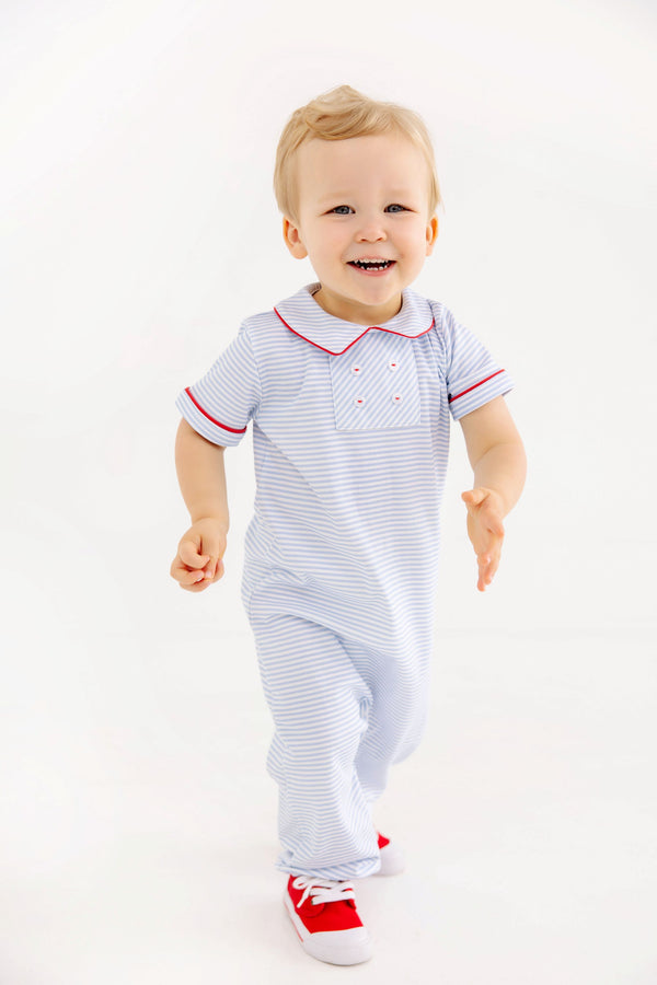 Benny Button Romper - Beale Street Blue Stripe with Richmond Red