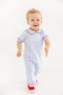Benny Button Romper - Beale Street Blue Stripe with Richmond Red