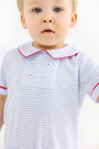 Benny Button Romper - Beale Street Blue Stripe with Richmond Red