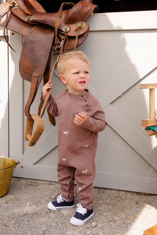Rayburn Romper - Gray Bay Brown with Horse Embroidery