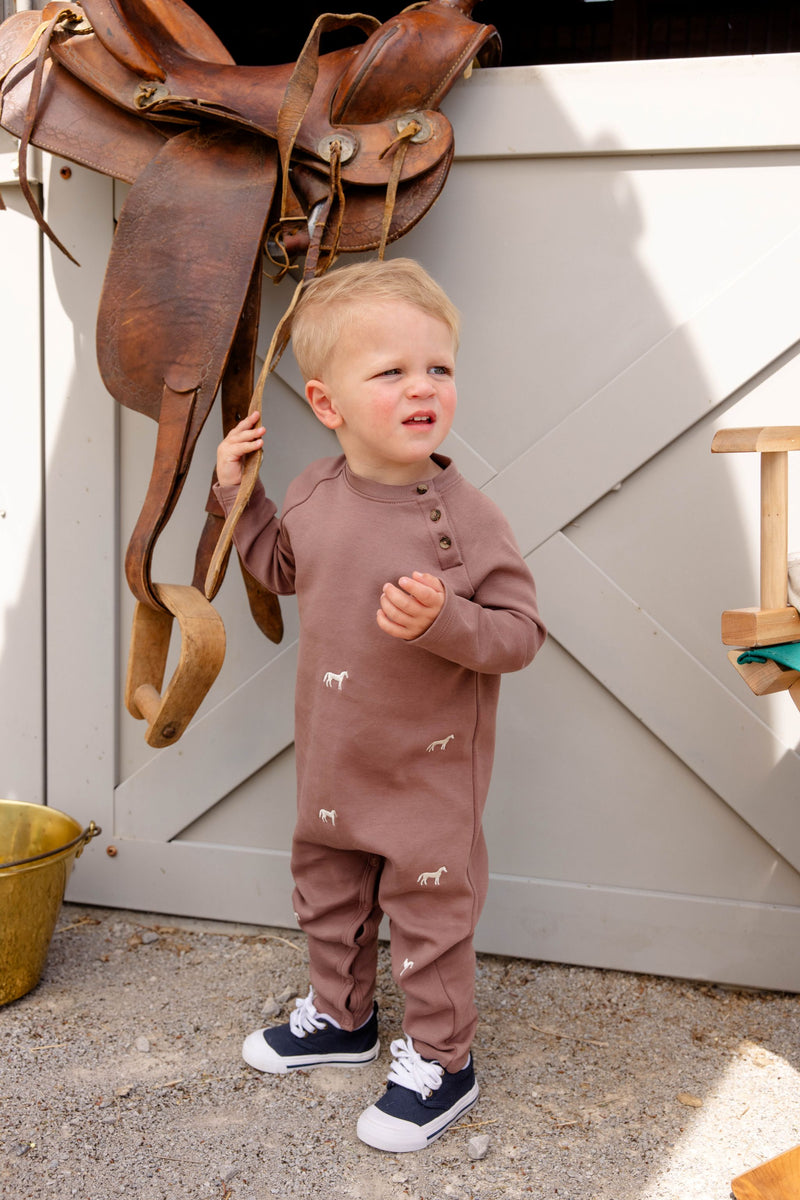 Rayburn Romper - Gray Bay Brown with Horse Embroidery
