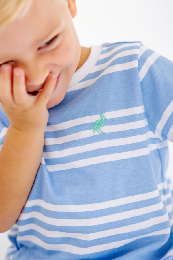 Carter Crewneck - Saddle Ridge Stripe (Sarasota Sky) with Gibson Island Green Stork