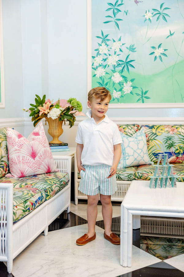 Sheffield Shorts - Tally Rd. Ticking Stripe with Green Stork