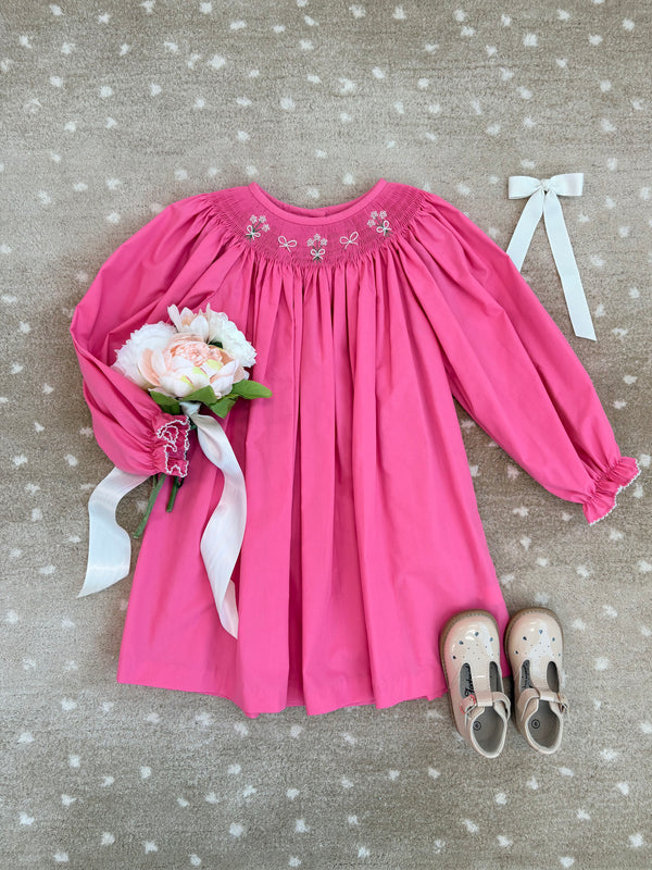 Long Sleeve Sandy Smocked Dress - Romany Rose with Flower & Bow Smocking