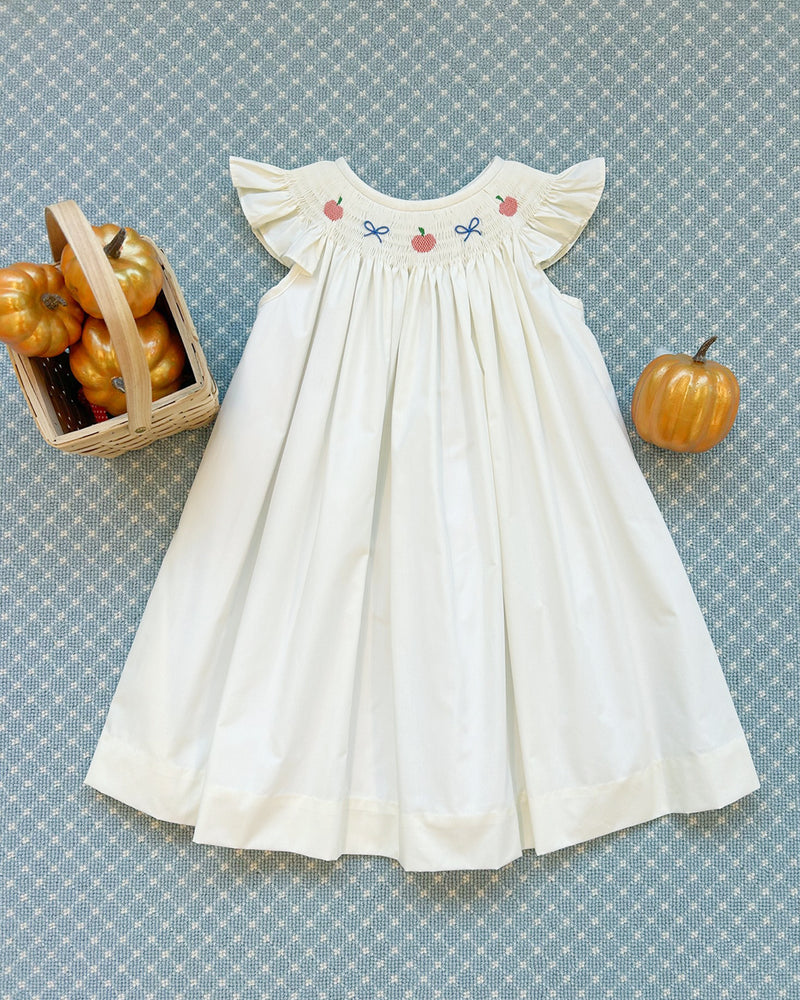 Angel Sleeve Sandy Smocked Dress - Palmetto Pearl with Pumpkin and Bow Smocking
