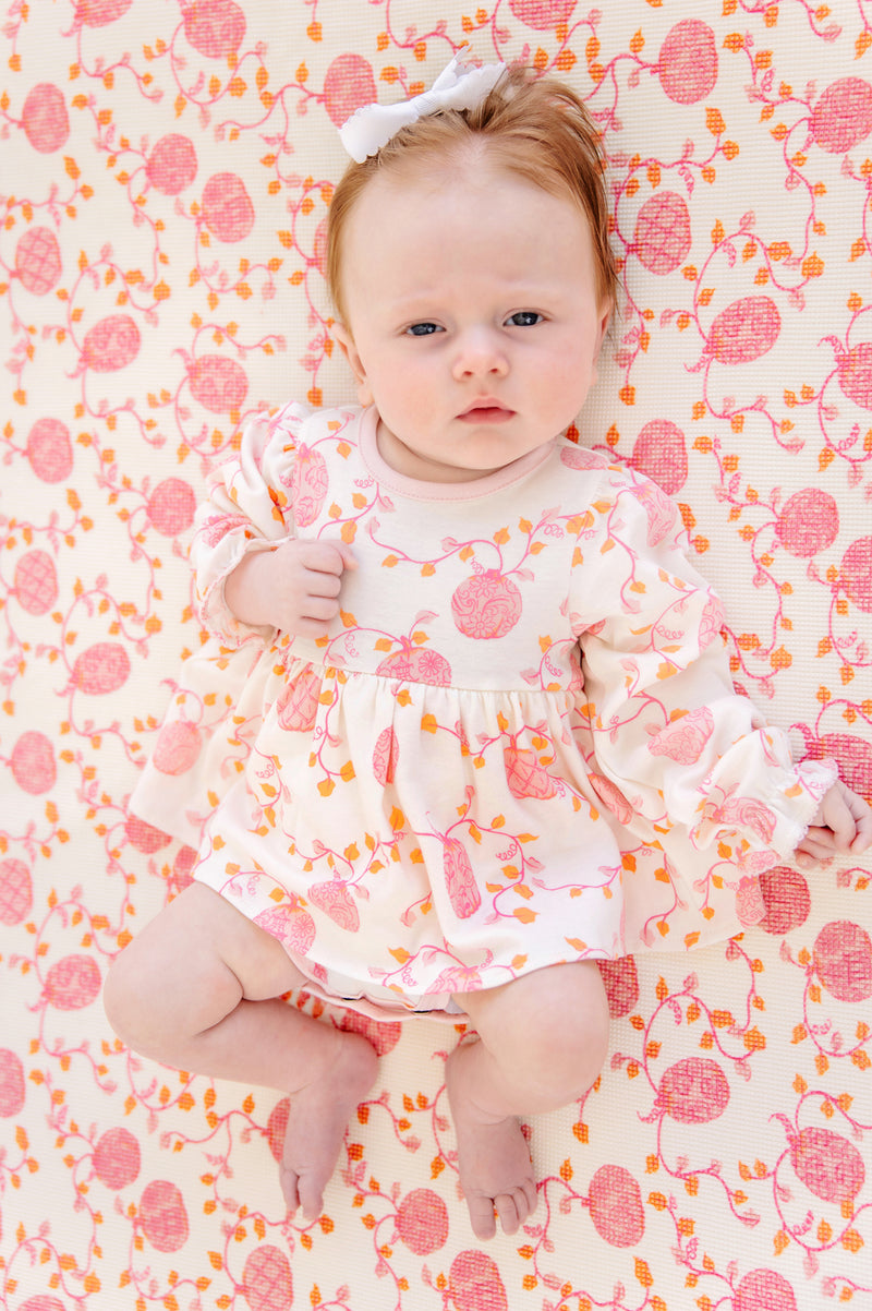 Long Sleeve Daisy's Diaper Cover Dress - Gourd-geous (Palmetto Pearl) with Palm Beach Pink