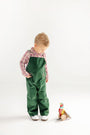 A young child in green overalls and The Beaufort Bonnet Company’s Long Sleeve Peter Pan Collar Shirt & Onesie in Easton Pond Plaid looks down at a colorful wooden toy bird on the floor, set against a plain white background.