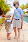 Prim & Proper Polo & Onesie - Worth Avenue White, Belhaven Blue, & Wood Boat Blue Stripe with Wood Boat Blue Stork