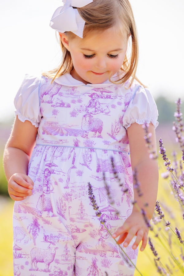 Sleeveless Rebecca Romper - Lavender and Lambs with Beale Street Blue