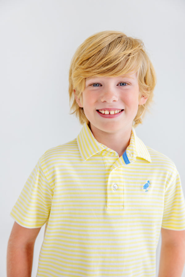 Prim & Proper Polo & Onesie - Lake Worth Yellow Stripe with Barbados Blue Stork