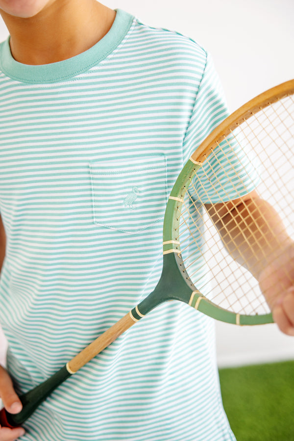 Carter Crewneck - Turks Teal Stripe with Turks Teal Stork