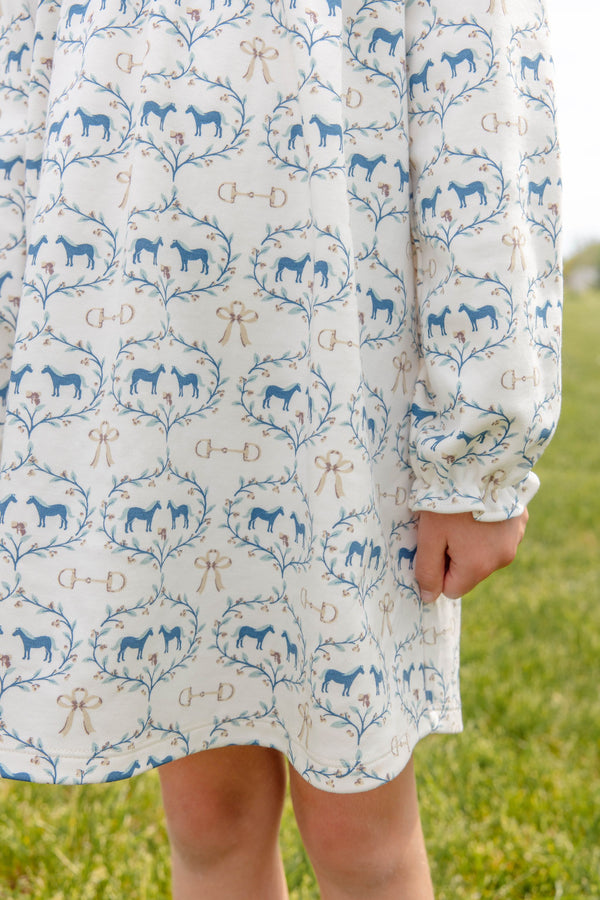Long Sleeve Banks Bow Dress - Horse Bits & Bows with Worth Avenue White